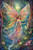 Fantasy diamond painting kit of a radiant faerie with glowing rainbow wings and flowing dress, standing in an enchanted forest by Mikey Bergman