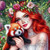 Diamond painting of a red-haired woman wearing a flower crown holding a red panda among flowers. Diamond painting of a red-haired woman wearing a flower crown holding a red panda among flowers.