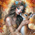 Diamond art of a maiden in golden tones tenderly holding a young fawn in an autumn forest.