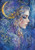 Ethereal moon goddess with golden crescent crown and watercolor hair in celestial blues and purples.