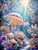 Underwater scene with glowing jellyfish and colorful coral illuminated by sunlight.