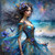 Ocean fantasy woman with blue dress and butterflies by shore.