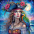 Beautiful female pirate with parrot and ocean night sky.
