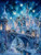 Winter fantasy castle with icy towers, glowing lights, and magical snowflakes under a sparkling night sky.