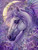 Lavender pegasus with wings under a glowing crescent moon surrounded by purple flowers.