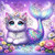 White mermaid cat with pastel scales wearing a jeweled floral crown in a magical lagoon.