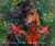 Festive horse with flowing dark mane, red cardinals, holly wreath, and holiday ribbons in a lush green forest background – Laurie Prindle artwork