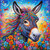 Colorful donkey with rainbow mane surrounded by bright fantasy flowers
