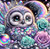 Fantasy owl with colorful feathers, roses, pearls, and a glowing moon in a celestial setting