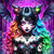 Gothic fantasy girl with bat wings, glowing eyes, and flowing multicolor hair in an enchanted forest