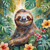 Cute sloth in vivid jungle with hibiscus flowers.