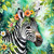 Watercolor zebra with floral crown and green leafy background