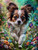 Papillon dog running through flowers with butterflies in a bright magical garden