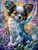 Papillon dog with butterfly-style fairy wings in a sparkling fantasy garden