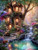 Whimsical treehouse nestled among trees beside cascading waterfalls, glowing windows, and lush flowering gardens.