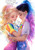Two women embracing in colorful boho-inspired LGBTQ pride artwork celebrating love and connection, by CocomarshmallowArt.