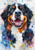 Smiling Bernese mountain dog portrait with expressive eyes in colorful watercolor style by Sakura