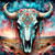 Decorative bison skull adorned with turquoise and floral patterns set against a desert sky