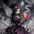 Dark gothic fairy with translucent wings holding a glowing red flower beneath a crescent moon