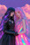 Two women in dark and rainbow gowns holding hands against a dreamy pastel sky in LGBTQ fantasy art
