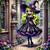 Whimsical garden witch with flowing green hair, black floral dress, and wide brim hat in an enchanted courtyard by Taza Creations