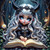 Fantasy bookworm girl with silver hair and dark horns reading an open book in a glowing enchanted forest by Taza Creations