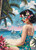 Retro tropical pinup woman at the beach wearing vintage sunglasses and swimsuit with palm trees, ocean waves, and sailboat backdrop.
