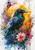 Watercolor raven perched on branch with pink flower and golden sun background by Sakura, exclusive diamond art design for Beach City Boutique