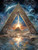 Golden triangular portal framing a glowing pyramid in a cosmic desert landscape with planets, stars, and celestial reflections.