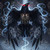 Dark raven with glowing red eye and mystical symbols on wings spreading dramatically in gothic atmosphere.