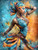 elegant dancer in flowing turquoise and gold fabric surrounded by colorful abstract energy fantasy artwork