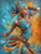 elegant dancer in flowing turquoise and gold fabric surrounded by colorful abstract energy fantasy artwork