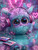 cute fluffy neon creature with oversized headphones sitting in front of a graffiti wall with glowing pink hearts