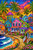 Bright tropical seaside village with colorful cottages, palm trees, pink flowers, boardwalk, and ocean waves at sunset.