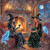 two witches in black and green dresses sharing wine by a cozy fireplace with glowing spirit animals and moonlit window