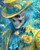 Elly AI decorated skeleton wearing yellow hat with blue accents and roses in vibrant fantasy style