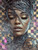 Elly AI woman with closed eyes and gold makeup surrounded by smoky textures and abstract mosaic background