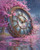 Elly AI vintage clock surrounded by pink blossoms with petals falling over reflective water