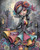 Elly AI whimsical woman in colorful layered dress with beret standing in dreamy cityscape at dusk