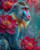 Elly AI mandrill monkey with colorful face surrounded by deep red flowers and soft teal background