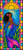 Stained glass style mermaid with flowing black curls, rainbow tail, tropical seaweed, and bright ocean sunrise framed in a colorful geometric border.