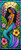 Elegant stained glass mermaid with turquoise tail, flowing dark curls, hibiscus flowers, and tropical leaves in a vibrant floral panel.