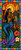 Polynesian inspired stained glass merman with tribal tattoos, blue tail, tiki torch, tropical flowers, and erupting volcano backdrop.
