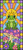 Cute crowned frog sitting on colorful mushrooms surrounded by flowers and whimsical stained glass sunburst background.