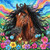 Morgan horse with long black mane surrounded by colorful flowers and rainbow sky