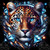 Majestic leopard face with glowing blue eyes surrounded by sparkling diamonds and cosmic lighting on a dramatic black background.