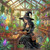 Dark-haired witch tending magical herbs inside a glowing greenhouse filled with enchanted plants and crystal flowers.