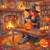 A red-haired witch carves a glowing pumpkin inside a cozy autumn cottage decorated with pumpkins, lanterns, and fall leaves.