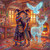 Two rainbow-accented witches embrace and kiss inside an enchanted cottage surrounded by glowing spirit animals and magical décor.