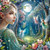 Fantasy girl with long white hair sitting in a dreamy spring forest surrounded by soft purple blossoms and glowing light.